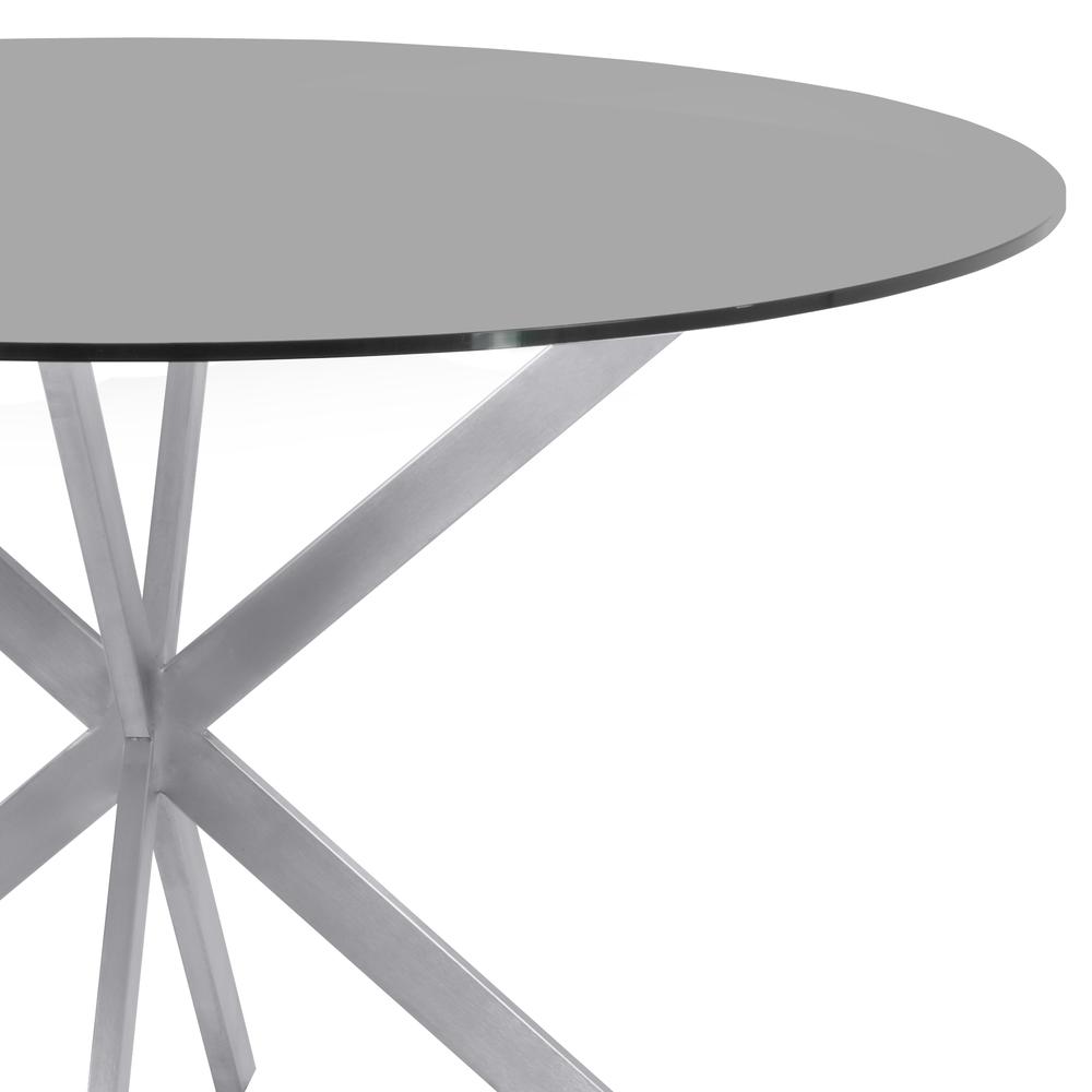 Armen Living Mystere Round Dining Table in Brushed Stainless Steel with Gray Tempered Glass Top. Picture 2