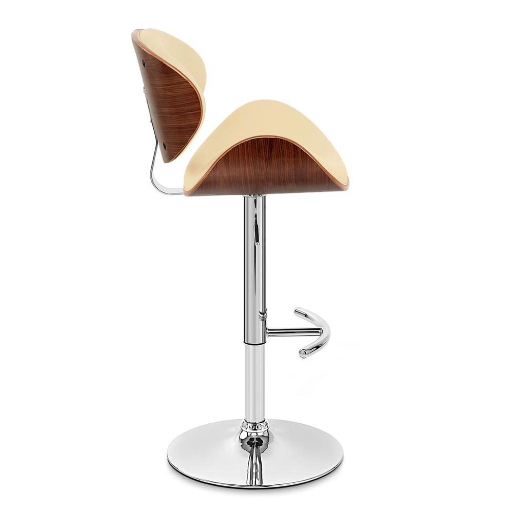 Swivel Barstool in Chrome finish with Cream Faux Leather and Walnut Veneer Back. Picture 3