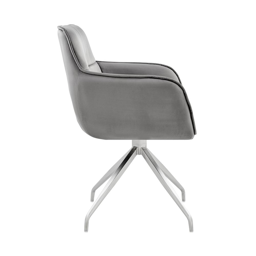 Noah Dining Room Accent Chair in Grey Velvet and Brushed Stainless Steel Finish. Picture 2
