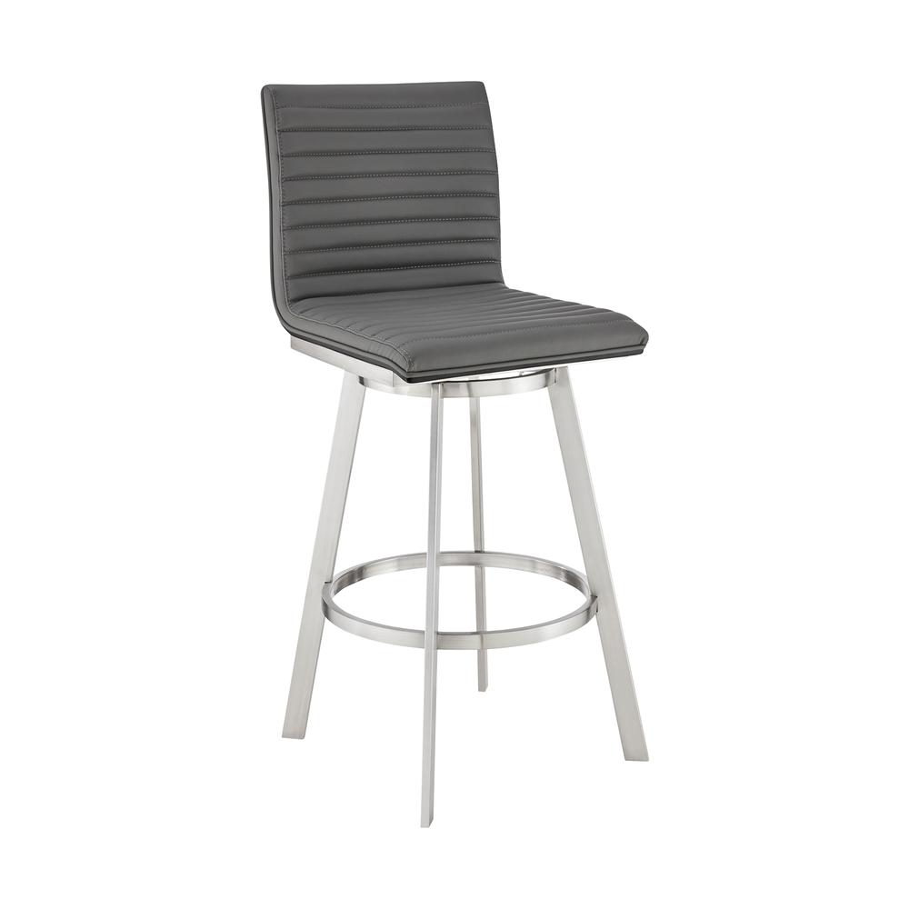 Nikole 30" Bar Height Black Swivel Bar Stool in Brushed Stainless Steel Finish and Gray Faux Leather. The main picture.