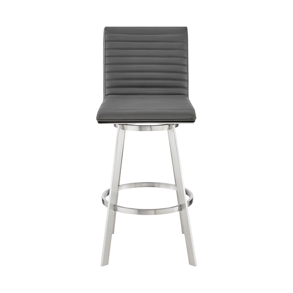 Nikole 30" Bar Height Black Swivel Bar Stool in Brushed Stainless Steel Finish and Gray Faux Leather. Picture 2
