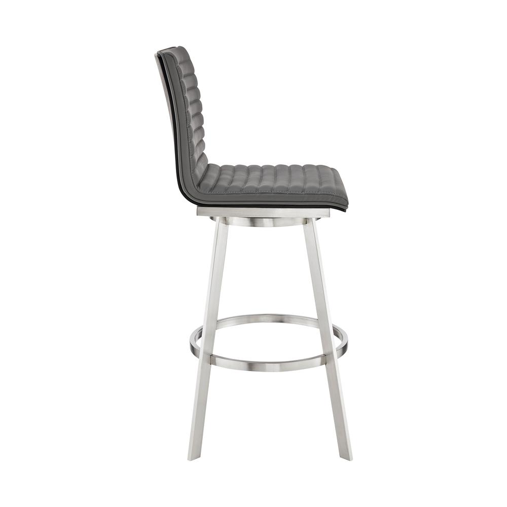 Nikole 30" Bar Height Black Swivel Bar Stool in Brushed Stainless Steel Finish and Gray Faux Leather. Picture 3