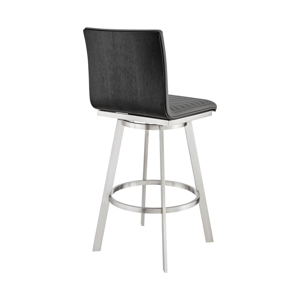 Nikole 30" Bar Height Black Swivel Bar Stool in Brushed Stainless Steel Finish and Gray Faux Leather. Picture 4