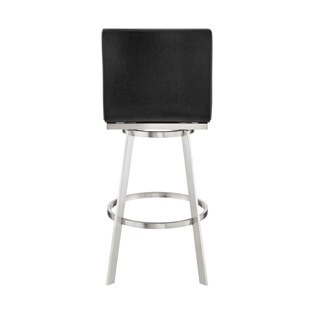 Nikole 30" Bar Height Black Swivel Bar Stool in Brushed Stainless Steel Finish and Gray Faux Leather. Picture 5