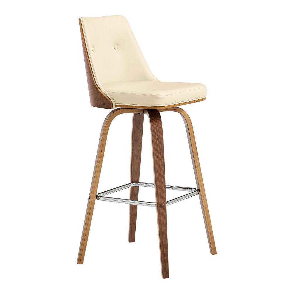 Nolte 30" Swivel Bar Stool in Cream Faux Leather and Walnut Wood. Picture 1