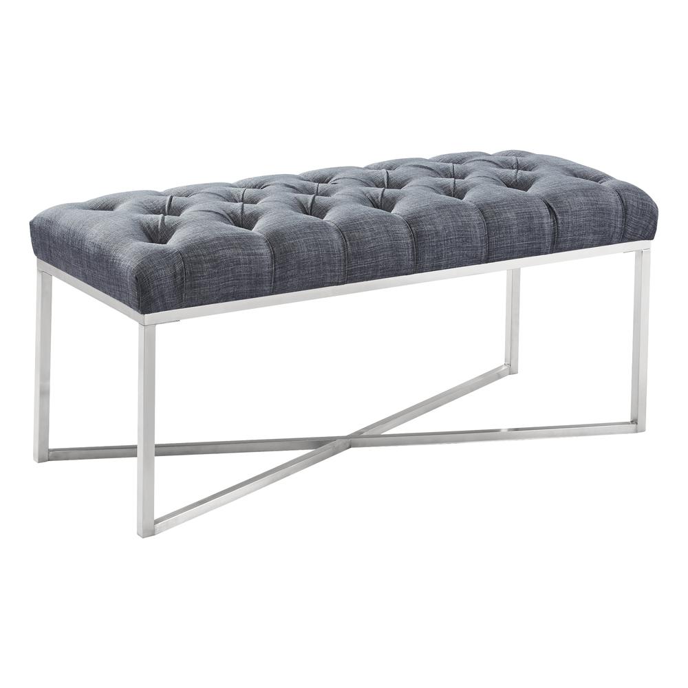 Armen Living Noel Contemporary Bench in Slate Grey Linen and Brushed Stainless Steel Finish. Picture 1