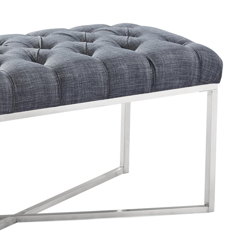 Armen Living Noel Contemporary Bench in Slate Grey Linen and Brushed Stainless Steel Finish. Picture 2