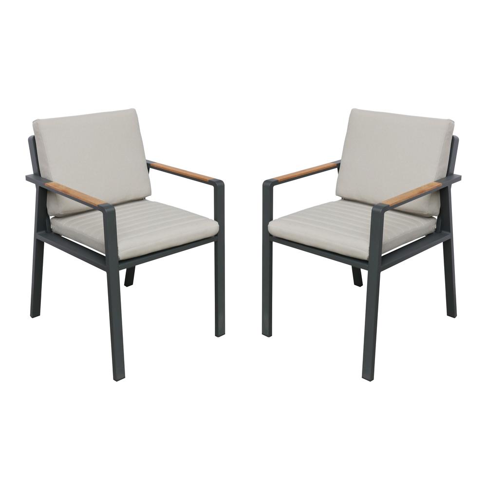 Patio Dining Chair in Charcoal Finish with Taupe Cushions and Teak Wood Accent Arms  - Set of 2. Picture 1