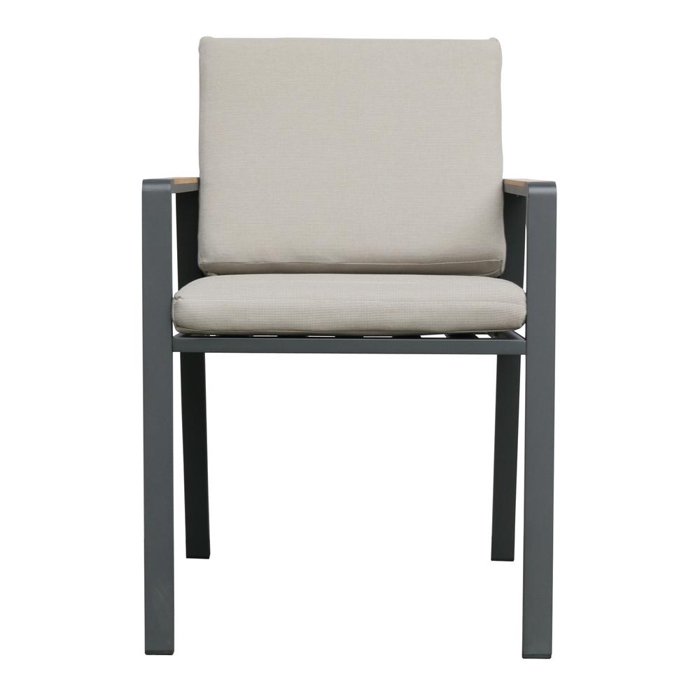 Patio Dining Chair in Charcoal Finish with Taupe Cushions and Teak Wood Accent Arms  - Set of 2. Picture 2