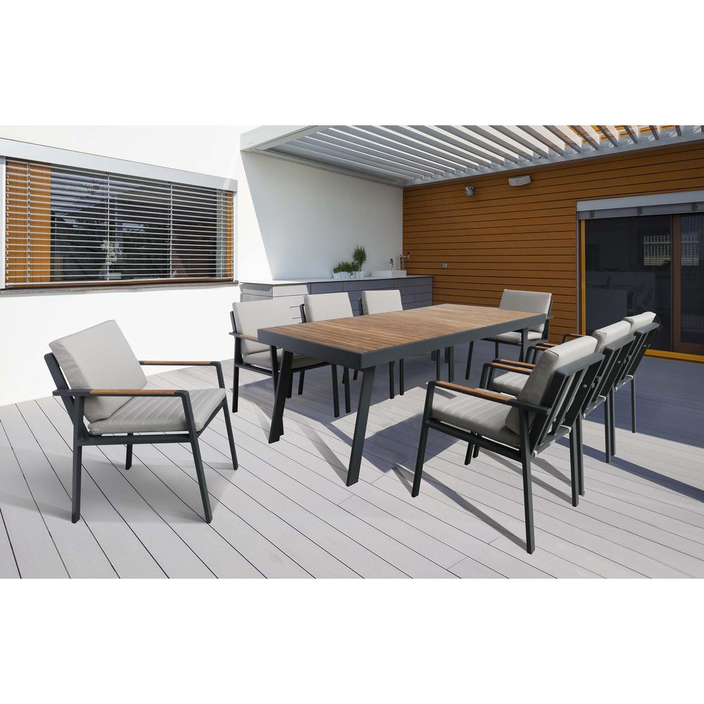 Nofi Outdoor Patio Dining Chair in Charcoal Finish with Taupe Cushions and Teak Wood Accent Arms  - Set of 2. Picture 5