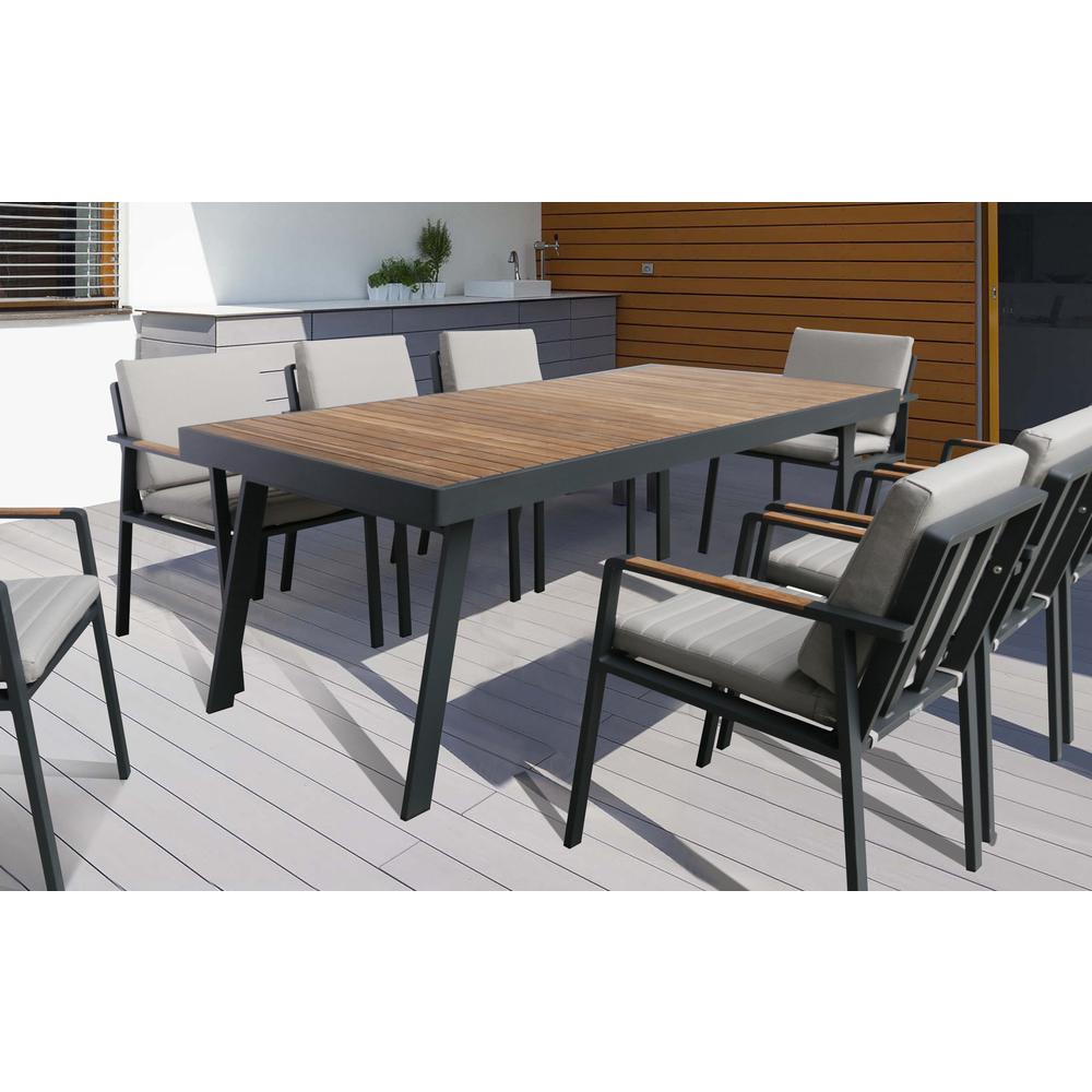 Nofi Outdoor Patio Dining Table in Charcoal Finish with Teak Wood Top. Picture 4