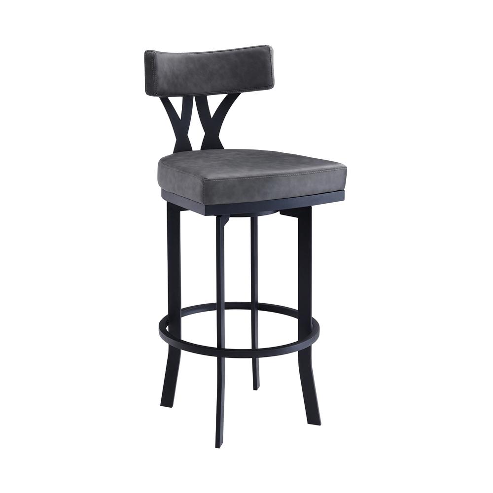 Contemporary 26" Counter Height Barstool in Black Powder Coated Finish and Vintage Grey Faux Leather. The main picture.