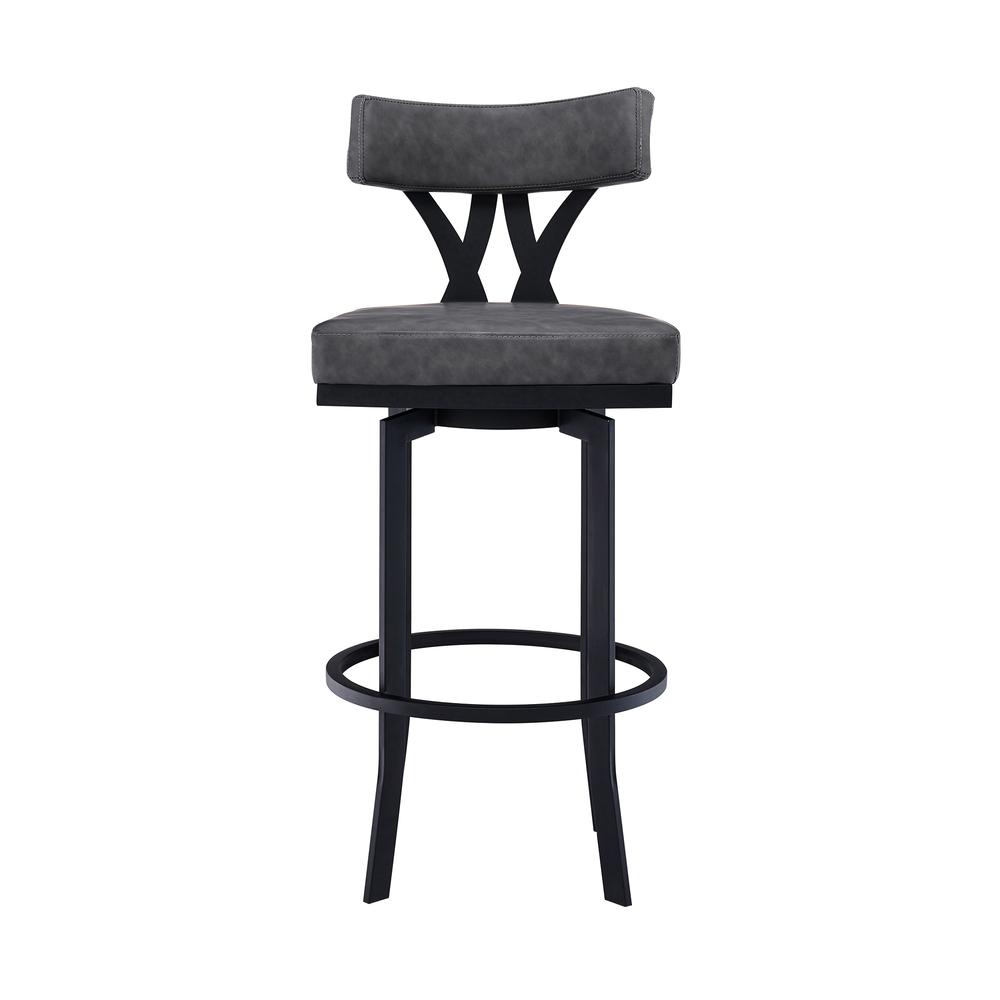 Contemporary 26" Counter Height Barstool in Black Powder Coated Finish and Vintage Grey Faux Leather. Picture 2