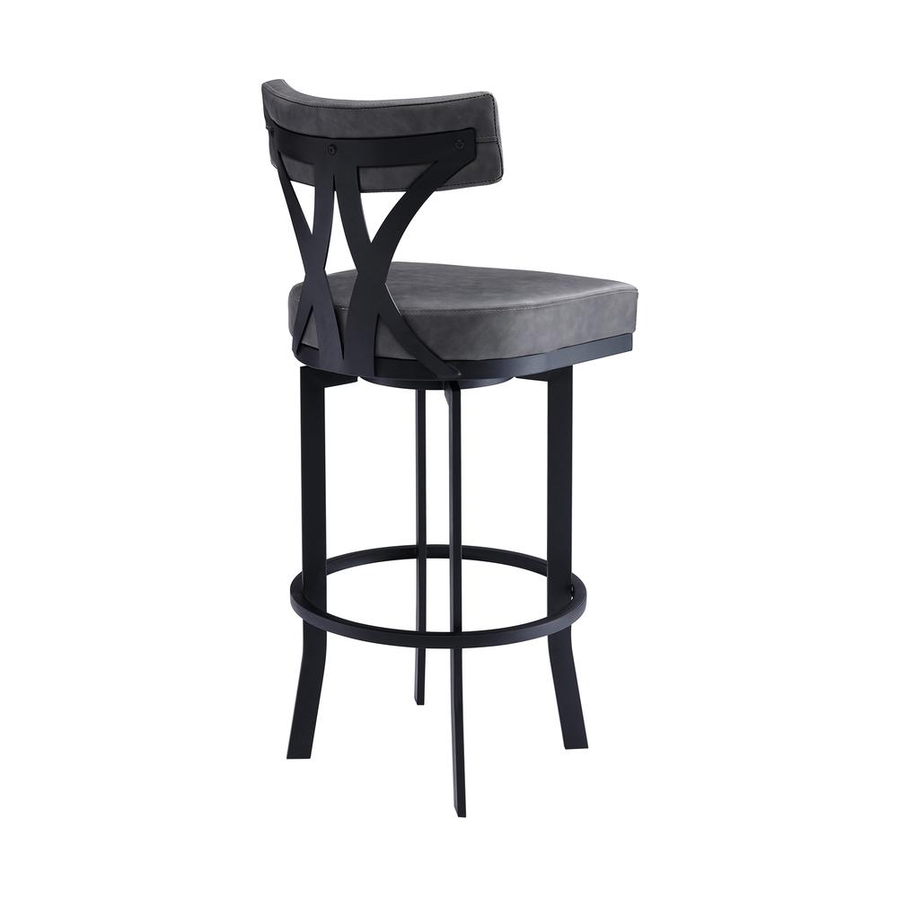 Natalie Contemporary 30" Bar Height Barstool in Black Powder Coated Finish and Vintage Grey Faux Leather. Picture 3