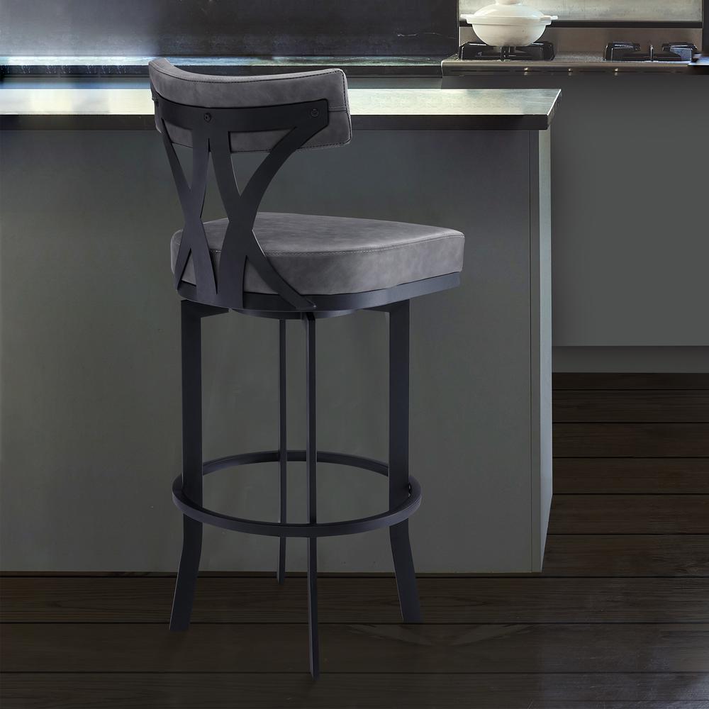 Contemporary 30" Bar Height Barstool in Black Powder Coated Finish and Vintage Grey Faux Leather. Picture 8