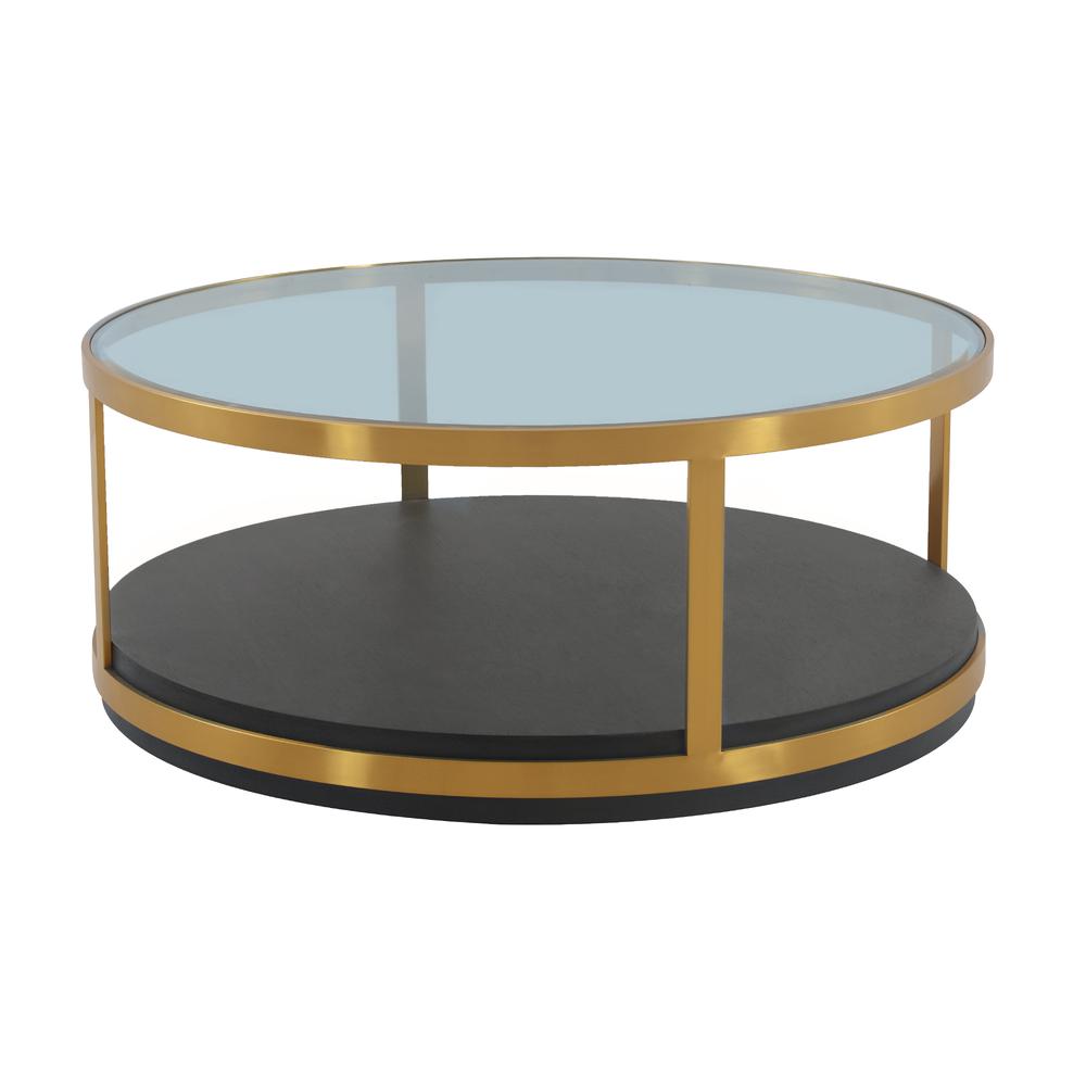 Hattie Glass Top and Walnut Wood Coffee Table with Brushed Gold Frame. Picture 1