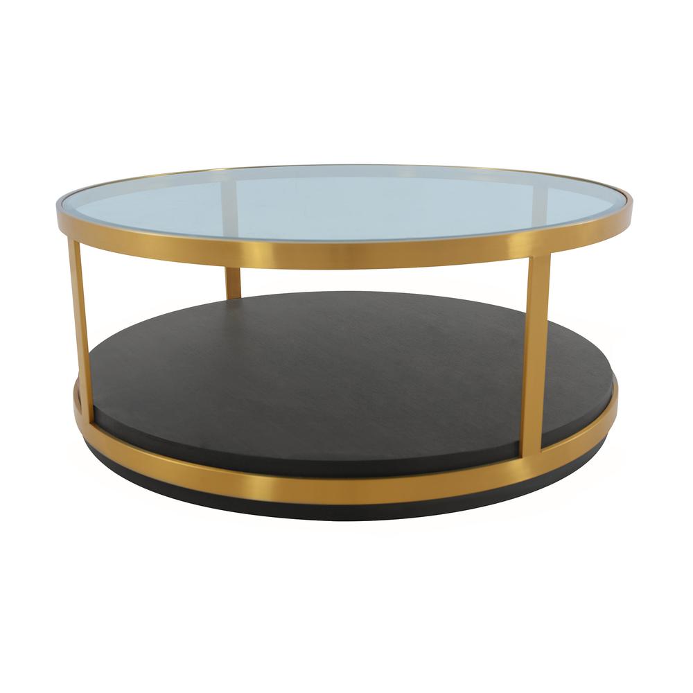 Hattie Glass Top and Walnut Wood Coffee Table with Brushed Gold Frame. Picture 2