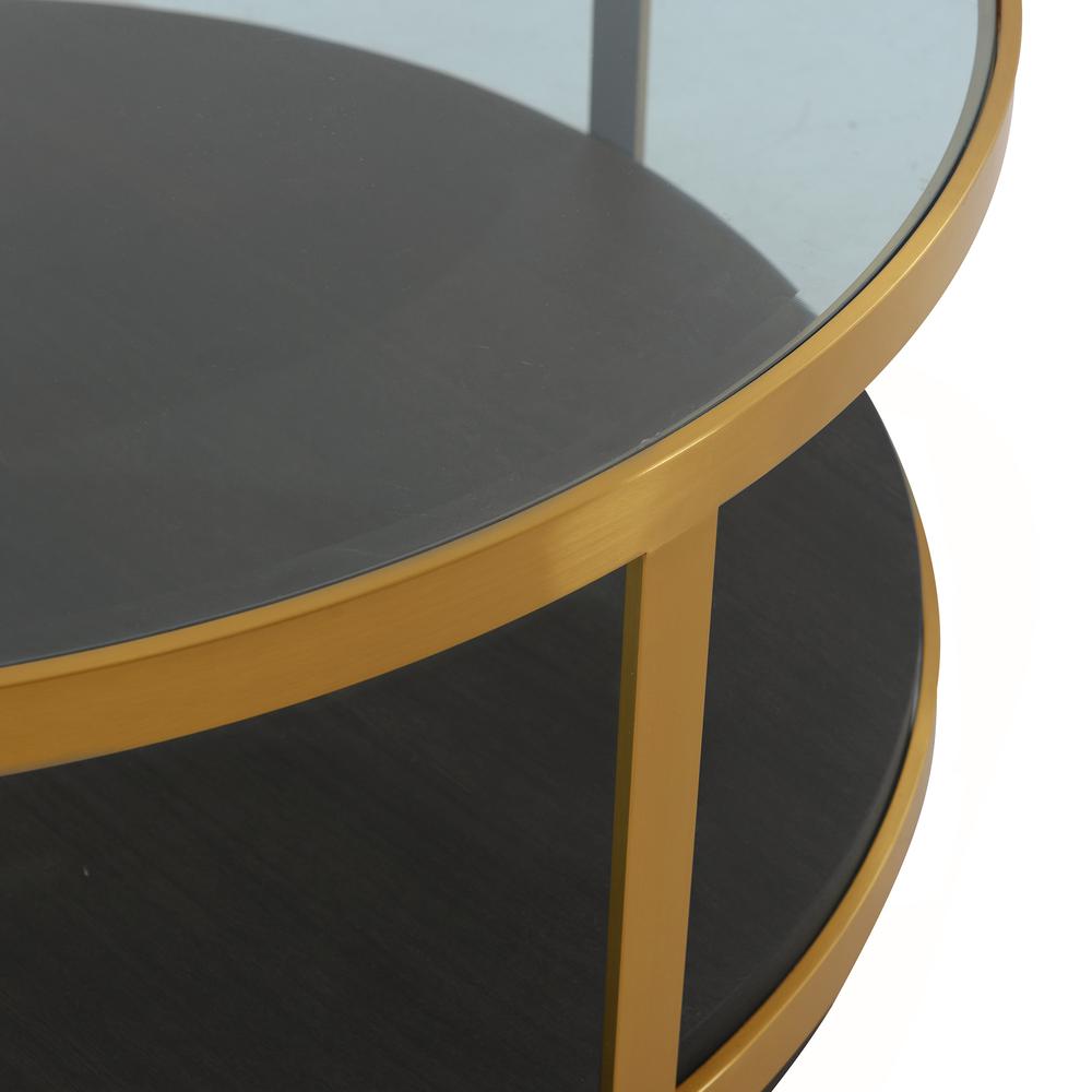 Hattie Glass Top and Walnut Wood Coffee Table with Brushed Gold Frame. Picture 3