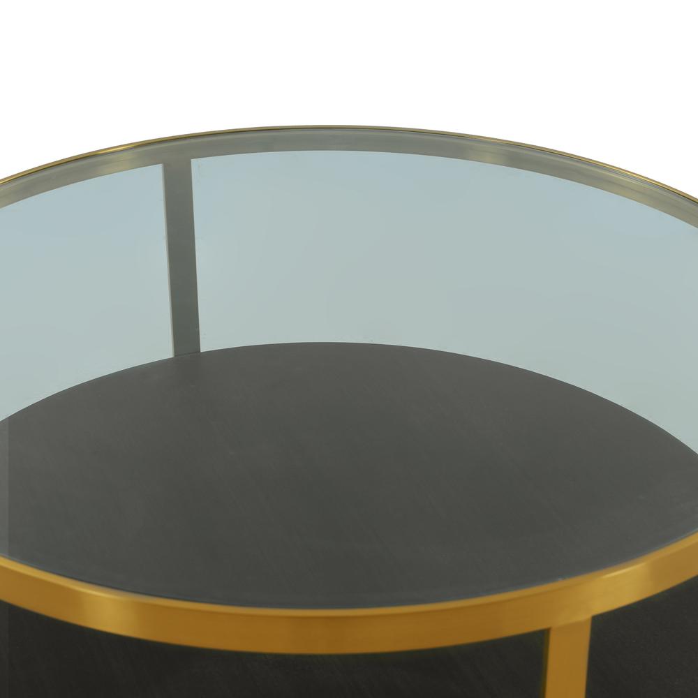 Hattie Glass Top and Walnut Wood Coffee Table with Brushed Gold Frame. Picture 4
