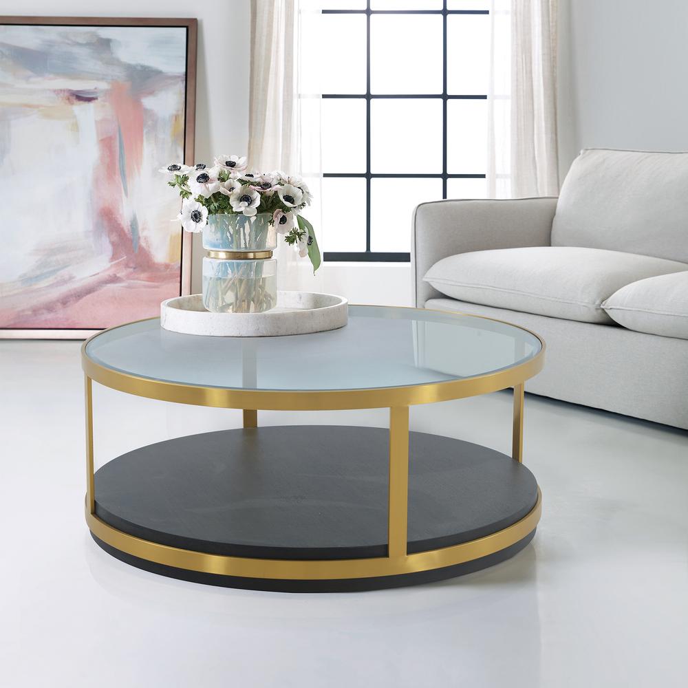 Hattie Glass Top and Walnut Wood Coffee Table with Brushed Gold Frame. Picture 6