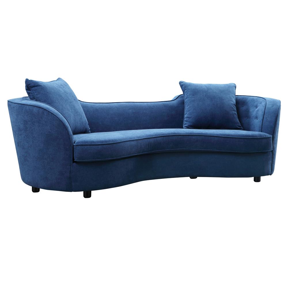 Contemporary Sofa in Blue Velvet with Brown Wood Legs. Picture 1