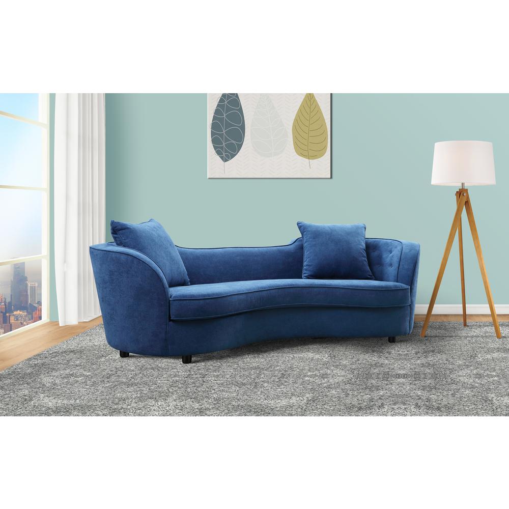 Contemporary Sofa in Blue Velvet with Brown Wood Legs. Picture 3