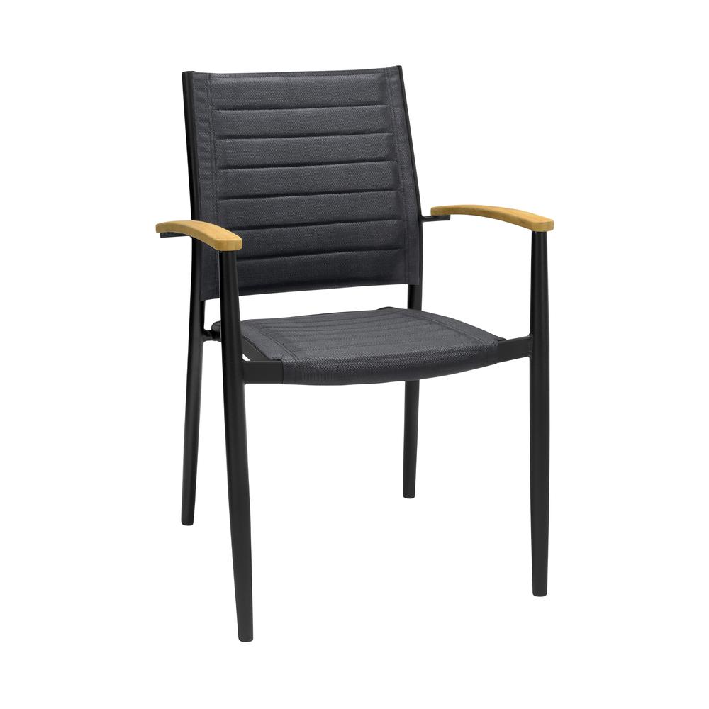 Portals Outdoor Black Aluminum Stacking Dining Chair with Teak Arms - Set of 2. The main picture.