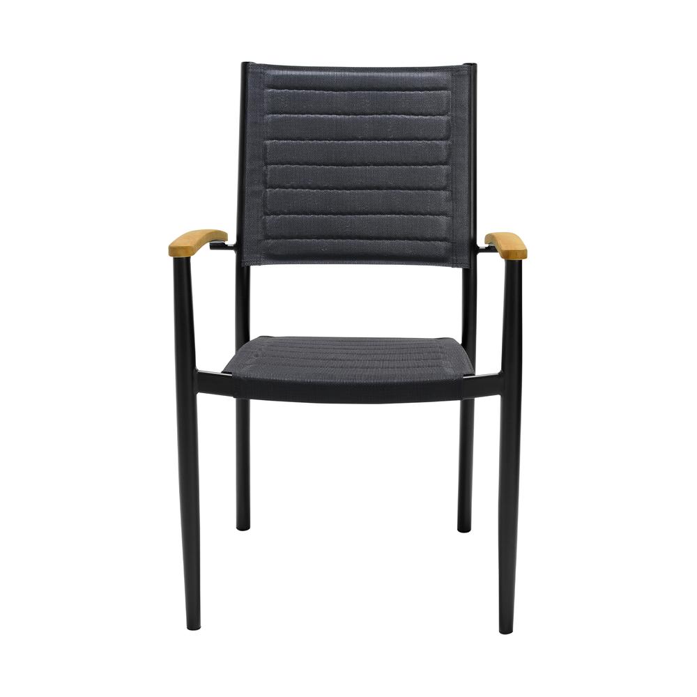 Portals Outdoor Black Aluminum Stacking Dining Chair with Teak Arms - Set of 2. Picture 2