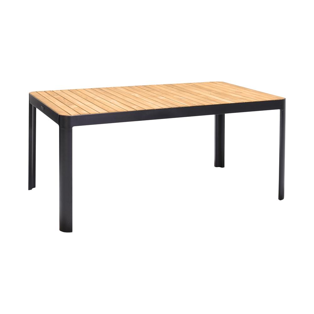 Portals Outdoor Rectangle Dining Table in Black Finish with Natural Teak Wood Top. Picture 1