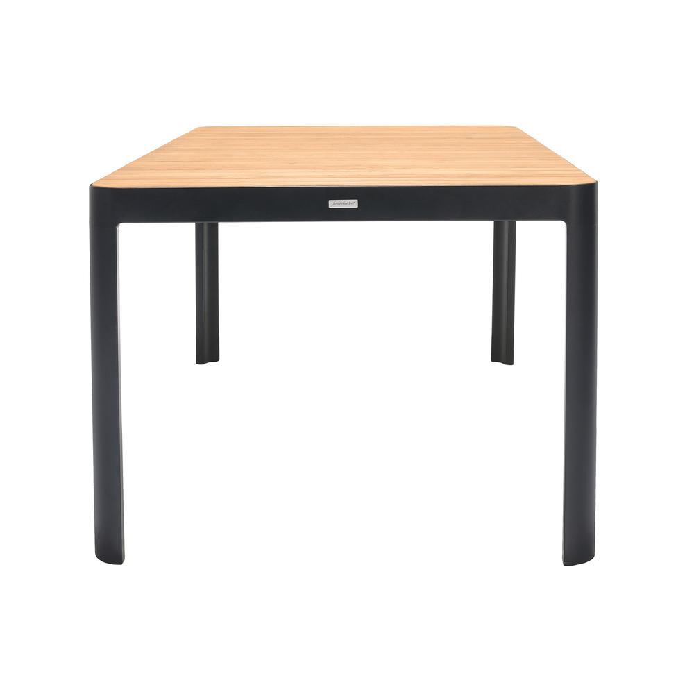 Portals Outdoor Rectangle Dining Table in Black Finish with Natural Teak Wood Top. Picture 3
