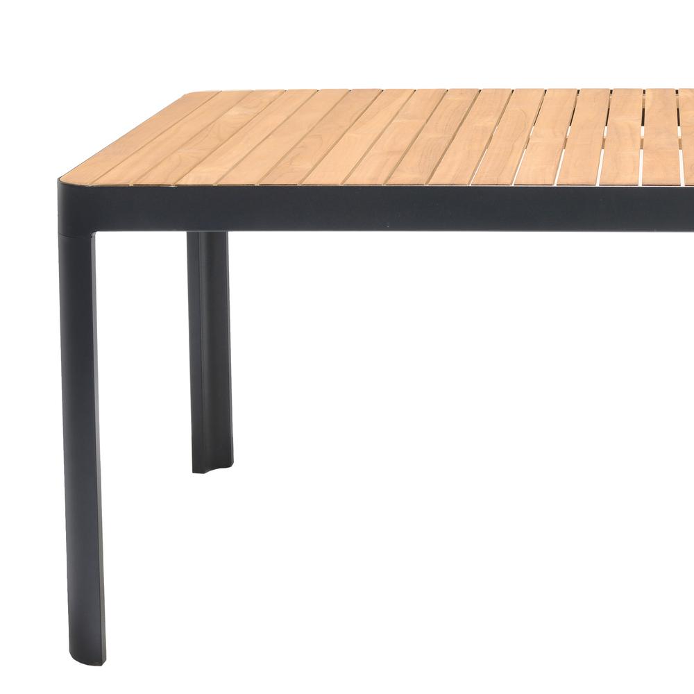 Portals Outdoor Rectangle Dining Table in Black Finish with Natural Teak Wood Top. Picture 5