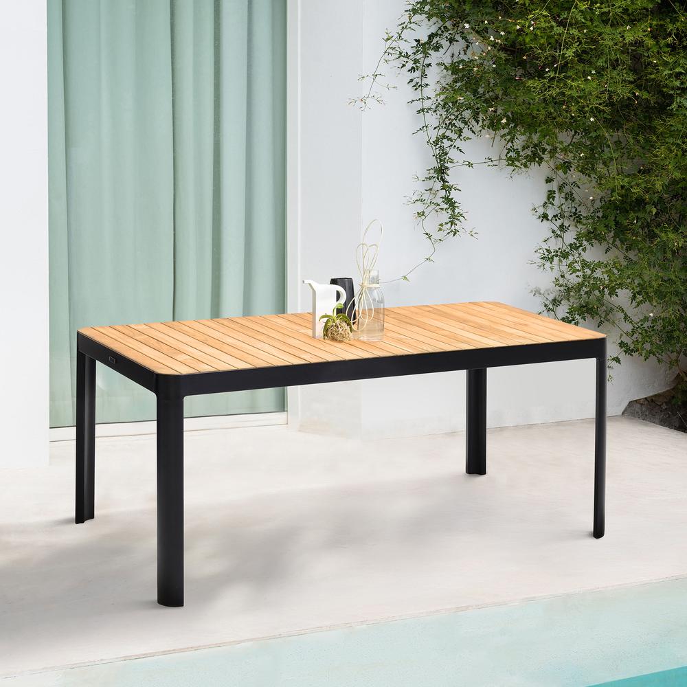 Portals Outdoor Rectangle Dining Table in Black Finish with Natural Teak Wood Top. Picture 6