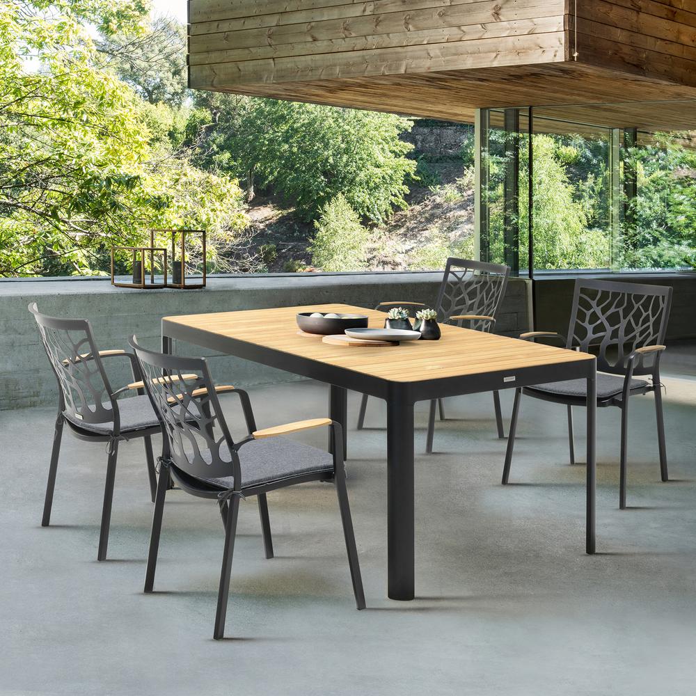 Portals Outdoor Rectangle Dining Table in Black Finish with Natural Teak Wood Top. Picture 7