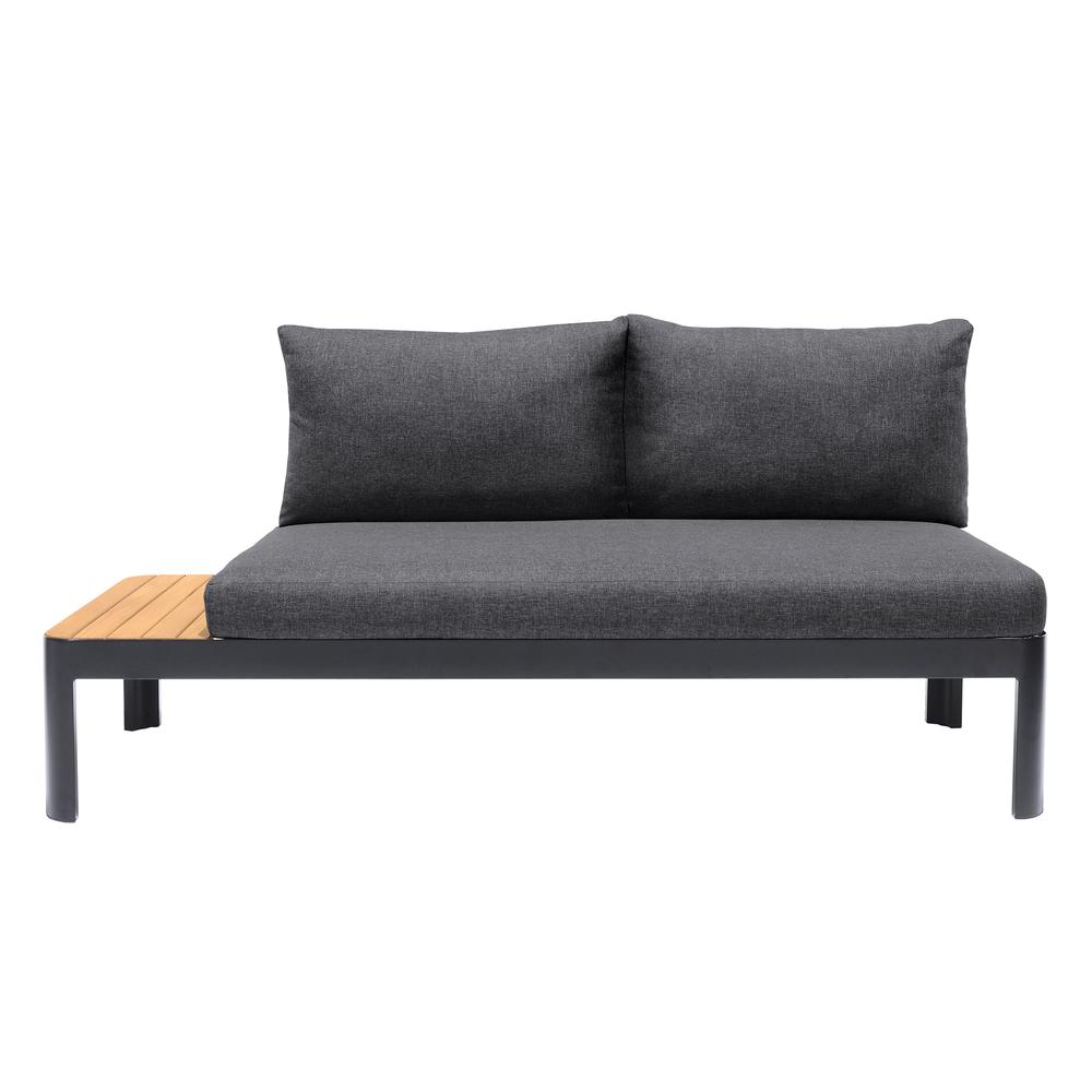 Portals Outdoor Sofa in Black Finish with Natural Teak Wood Accent and Grey Cushions. Picture 1