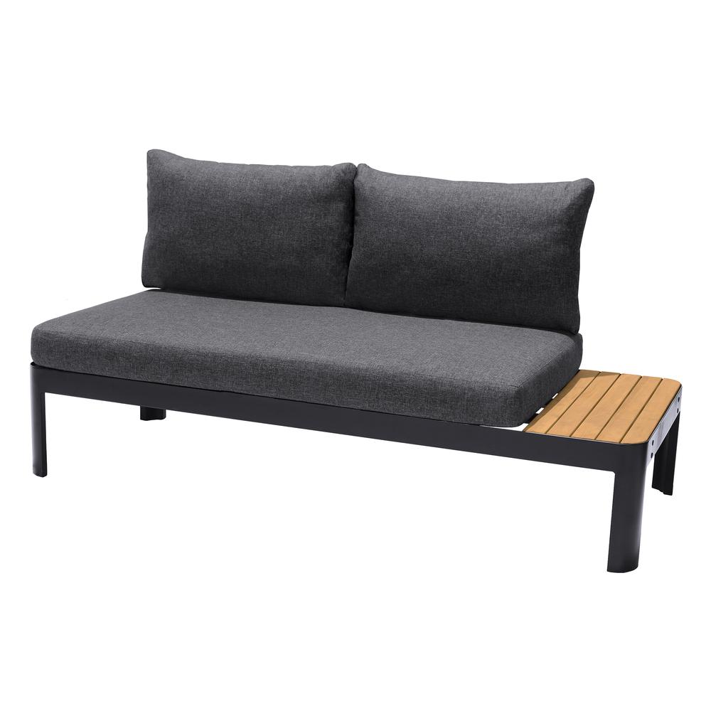 Portals Outdoor Sofa in Black Finish with Natural Teak Wood Accent and Grey Cushions. Picture 2