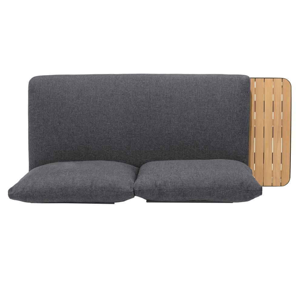 Portals Outdoor Sofa in Black Finish with Natural Teak Wood Accent and Grey Cushions. Picture 4
