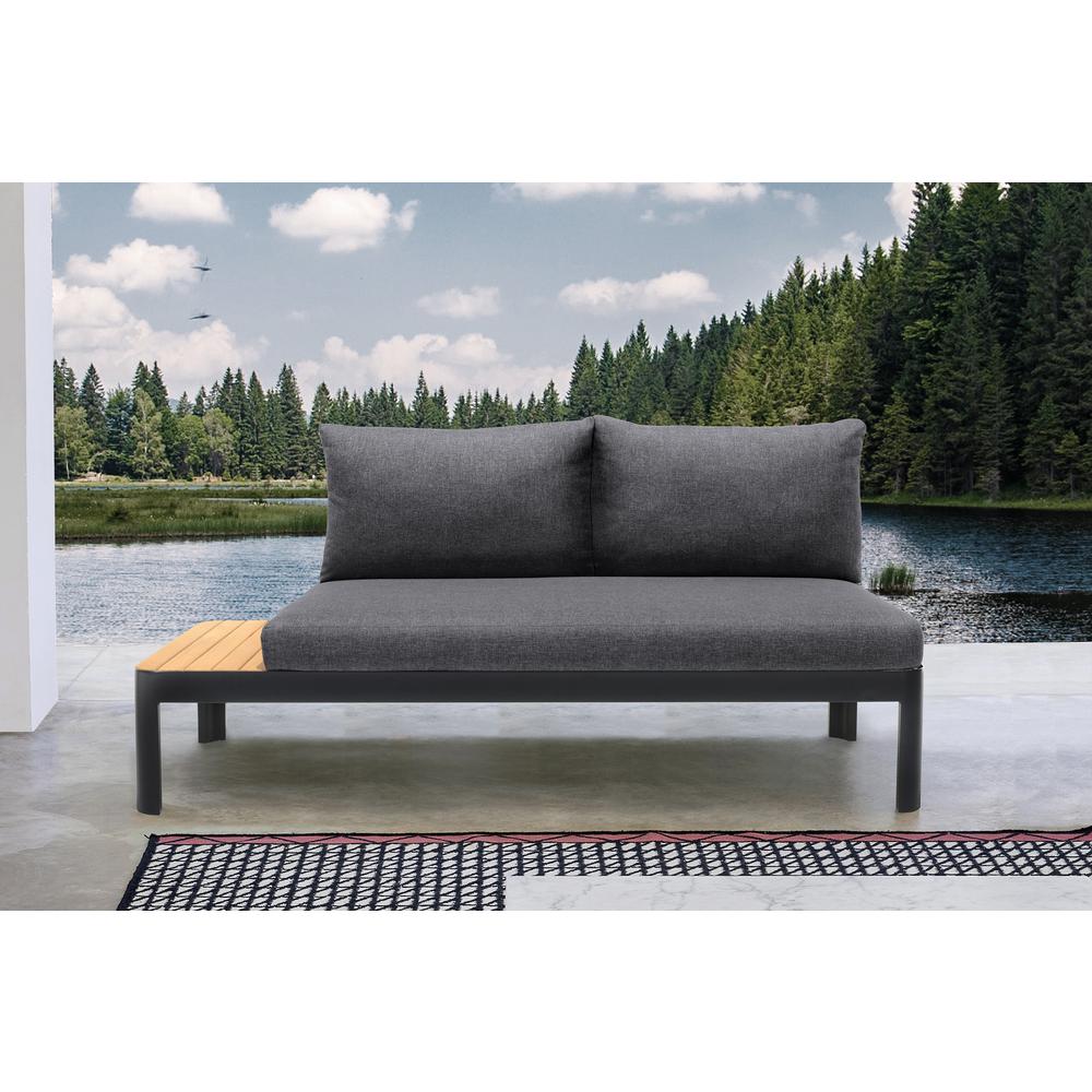 Portals Outdoor Sofa in Black Finish with Natural Teak Wood Accent and Grey Cushions. Picture 5
