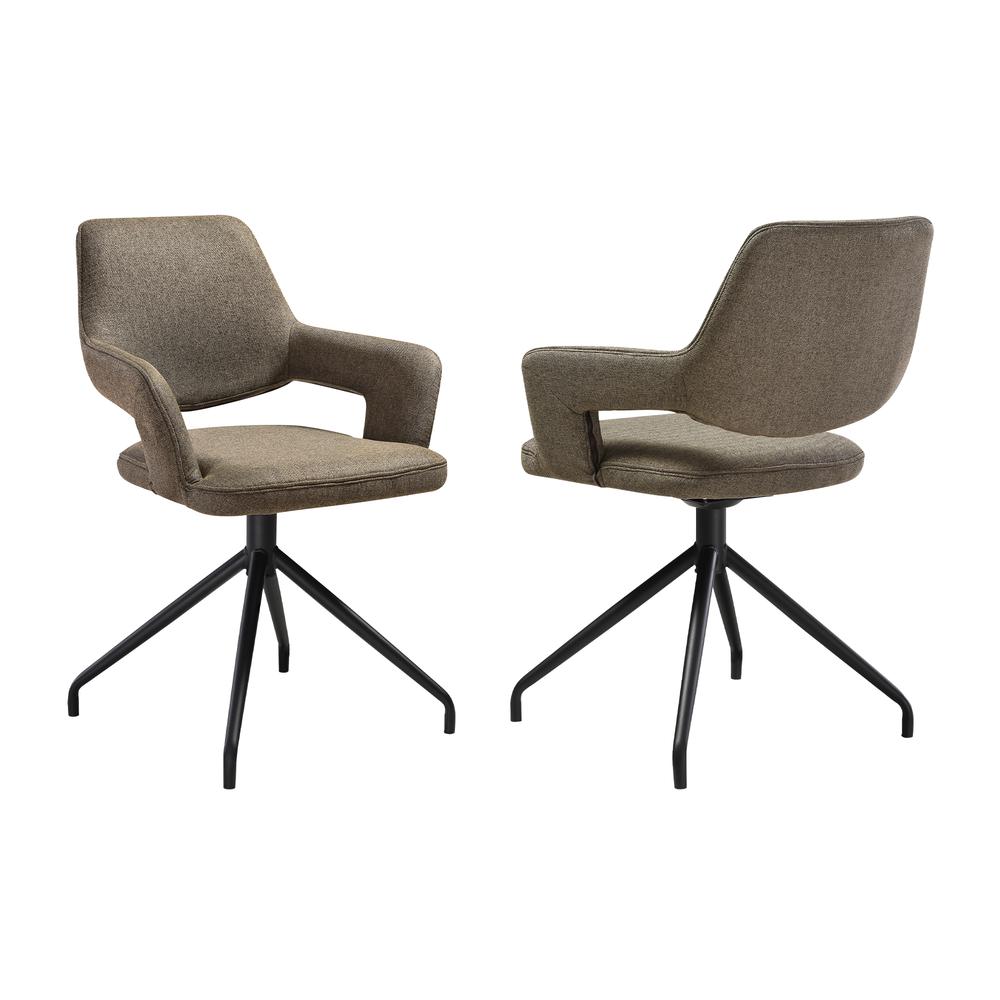 Swivel Upholstered Dining Chair in Brown Fabric with Black Metal Legs - Set of 2. Picture 1