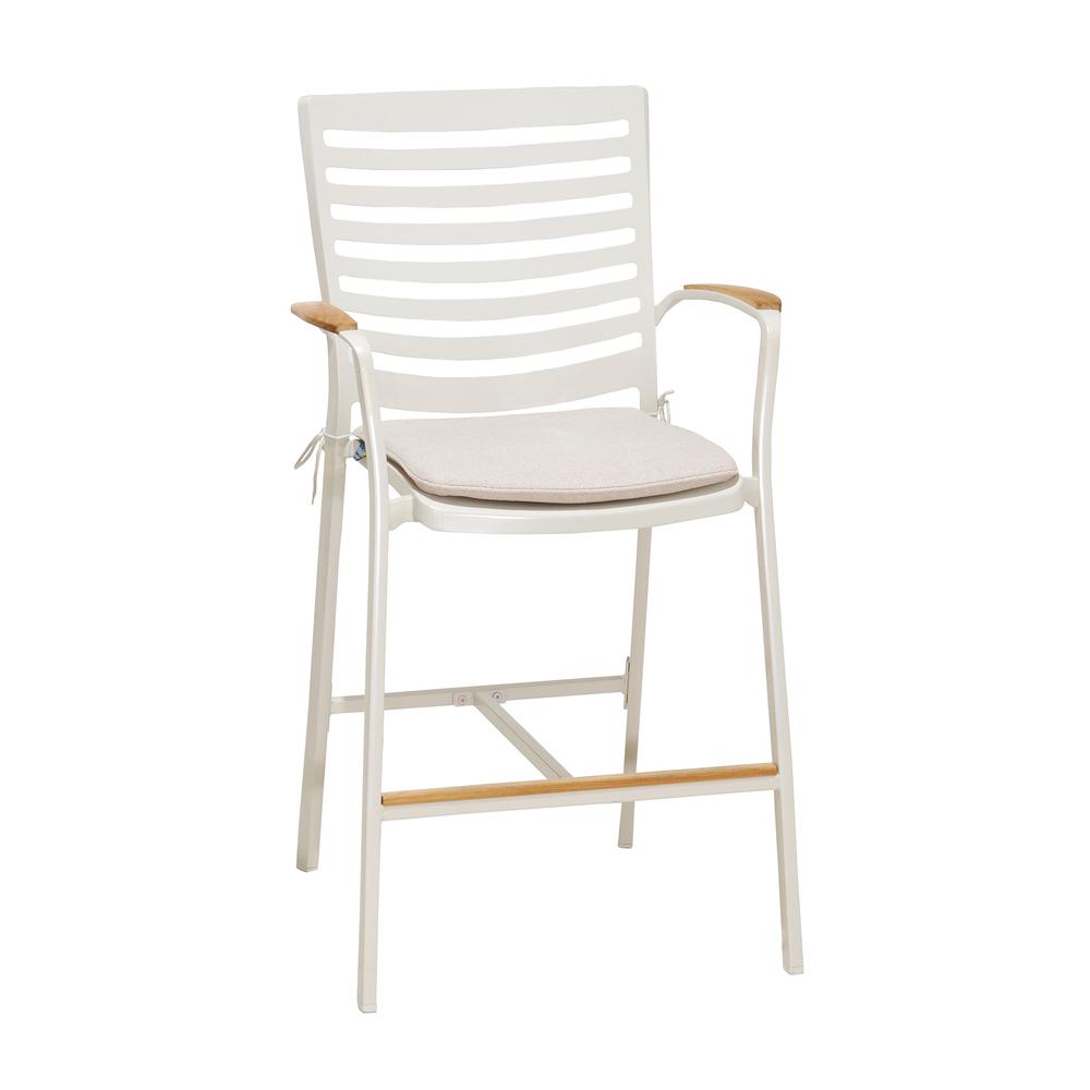 Portals Outdoor Patio Aluminum Barstool in Light Matte Sand with Natural Teak Wood Accent. Picture 1
