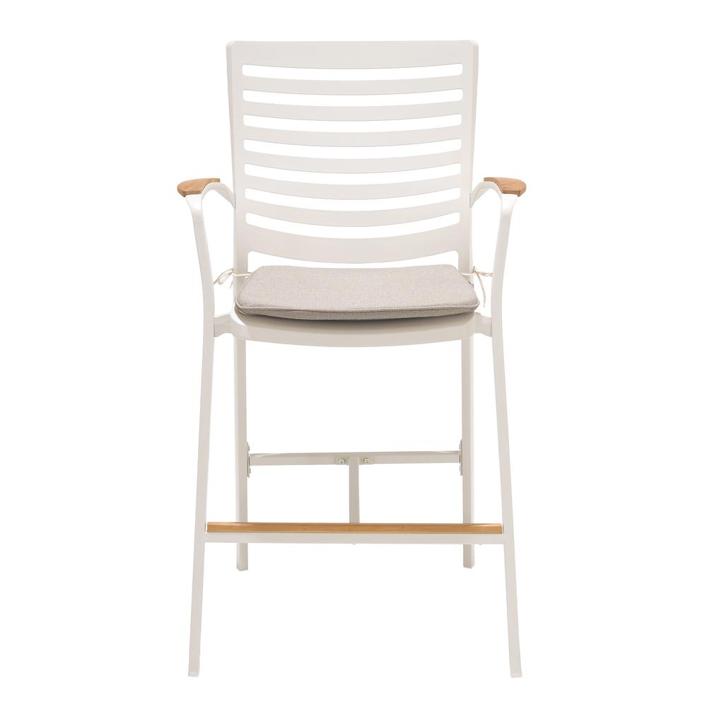 Portals Outdoor Patio Aluminum Barstool in Light Matte Sand with Natural Teak Wood Accent. Picture 2