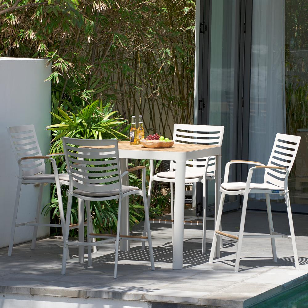 Portals Outdoor Patio Aluminum Barstool in Light Matte Sand with Natural Teak Wood Accent. Picture 5