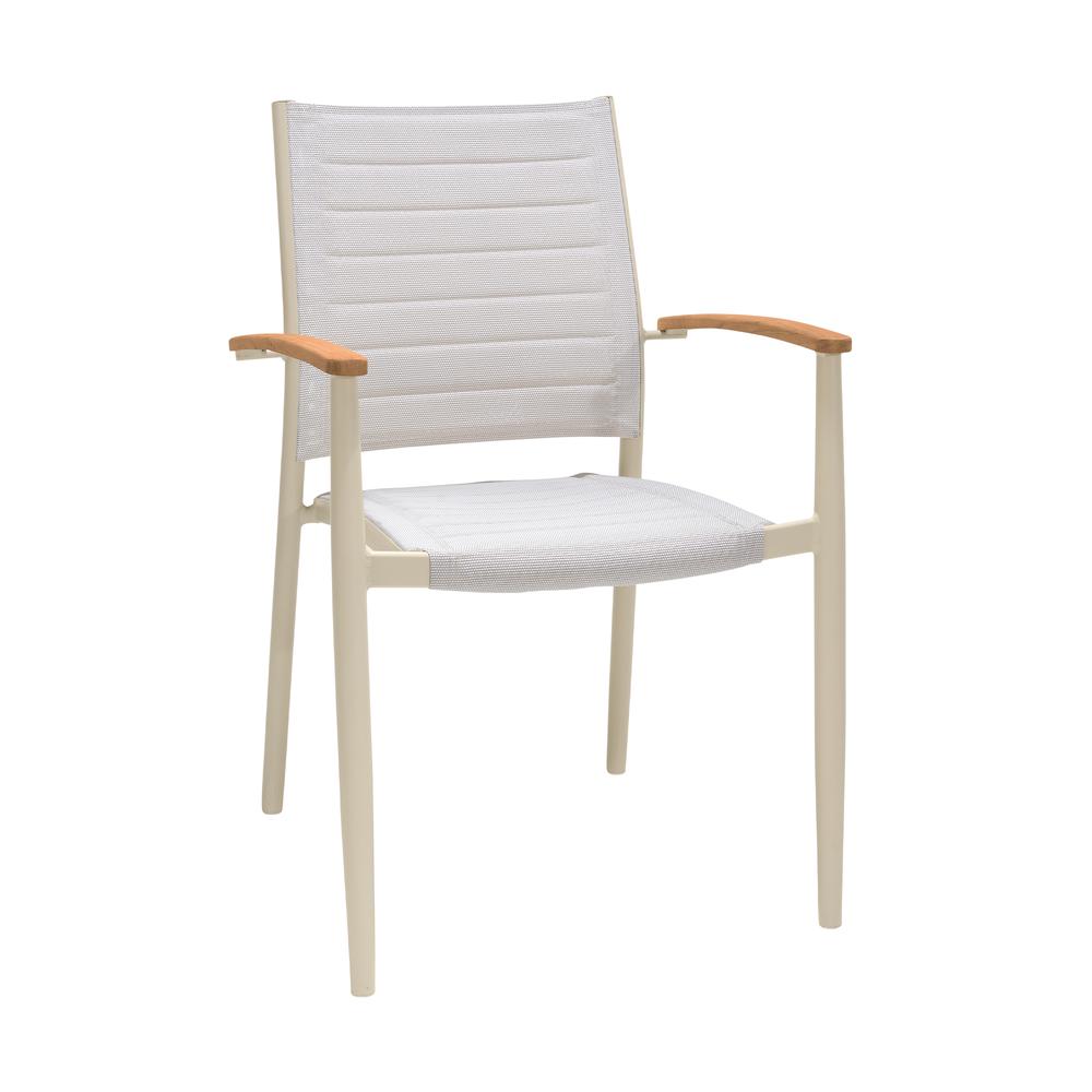 Portals Outdoor Coral Sand Aluminum Stacking Dining Chair with Teak Arms - Set of 2. Picture 1