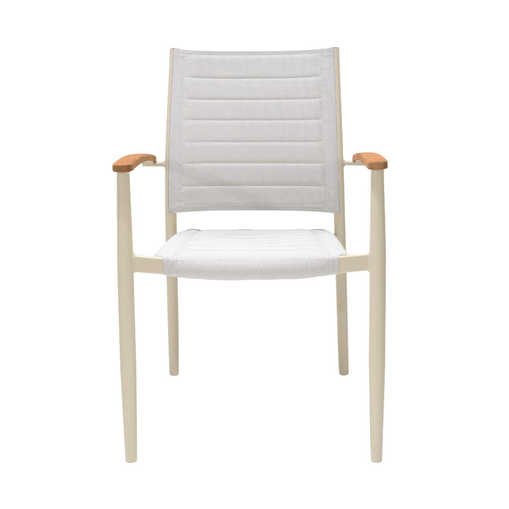 Portals Outdoor Coral Sand Aluminum Stacking Dining Chair with Teak Arms - Set of 2. Picture 2