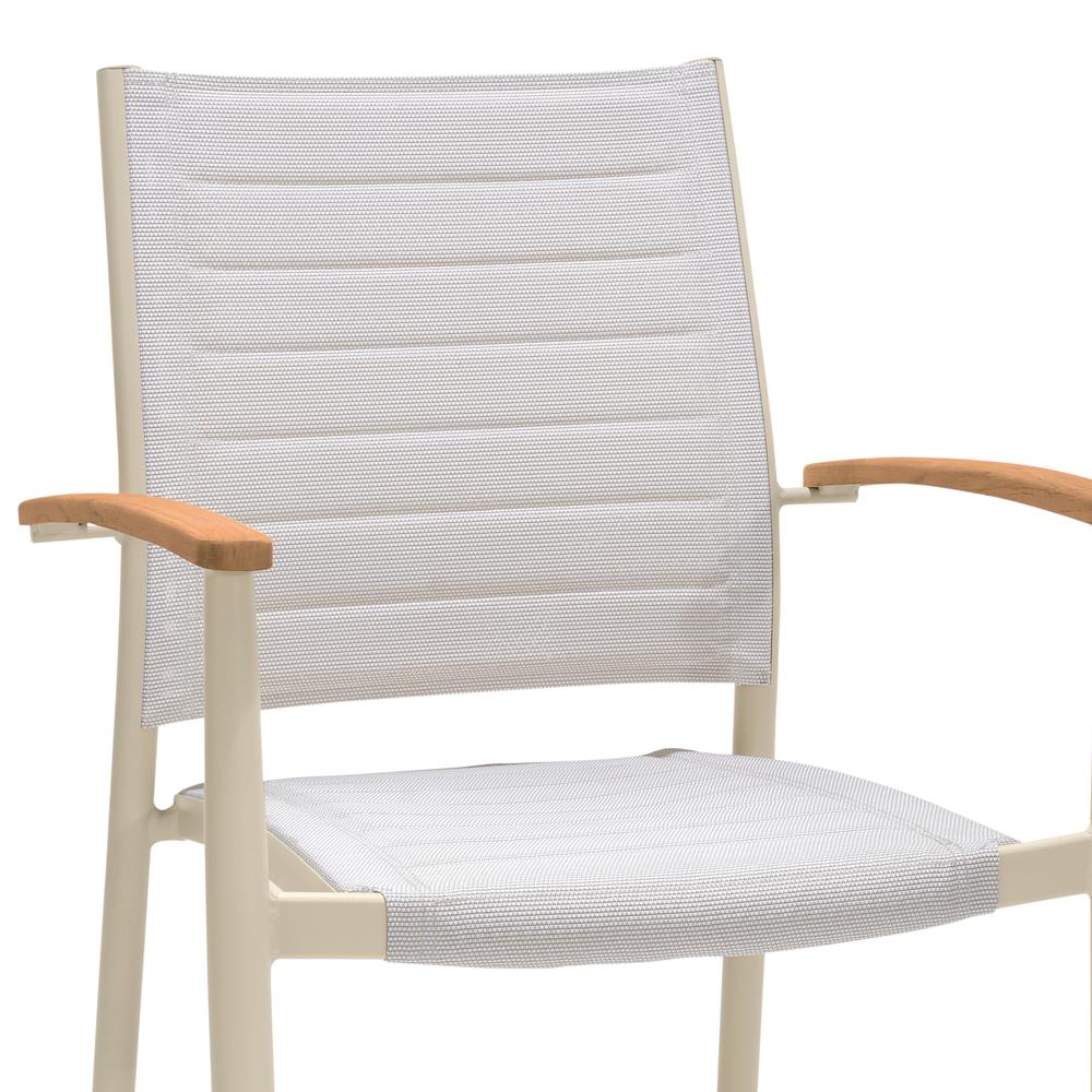 Portals Outdoor Coral Sand Aluminum Stacking Dining Chair with Teak Arms - Set of 2. Picture 4