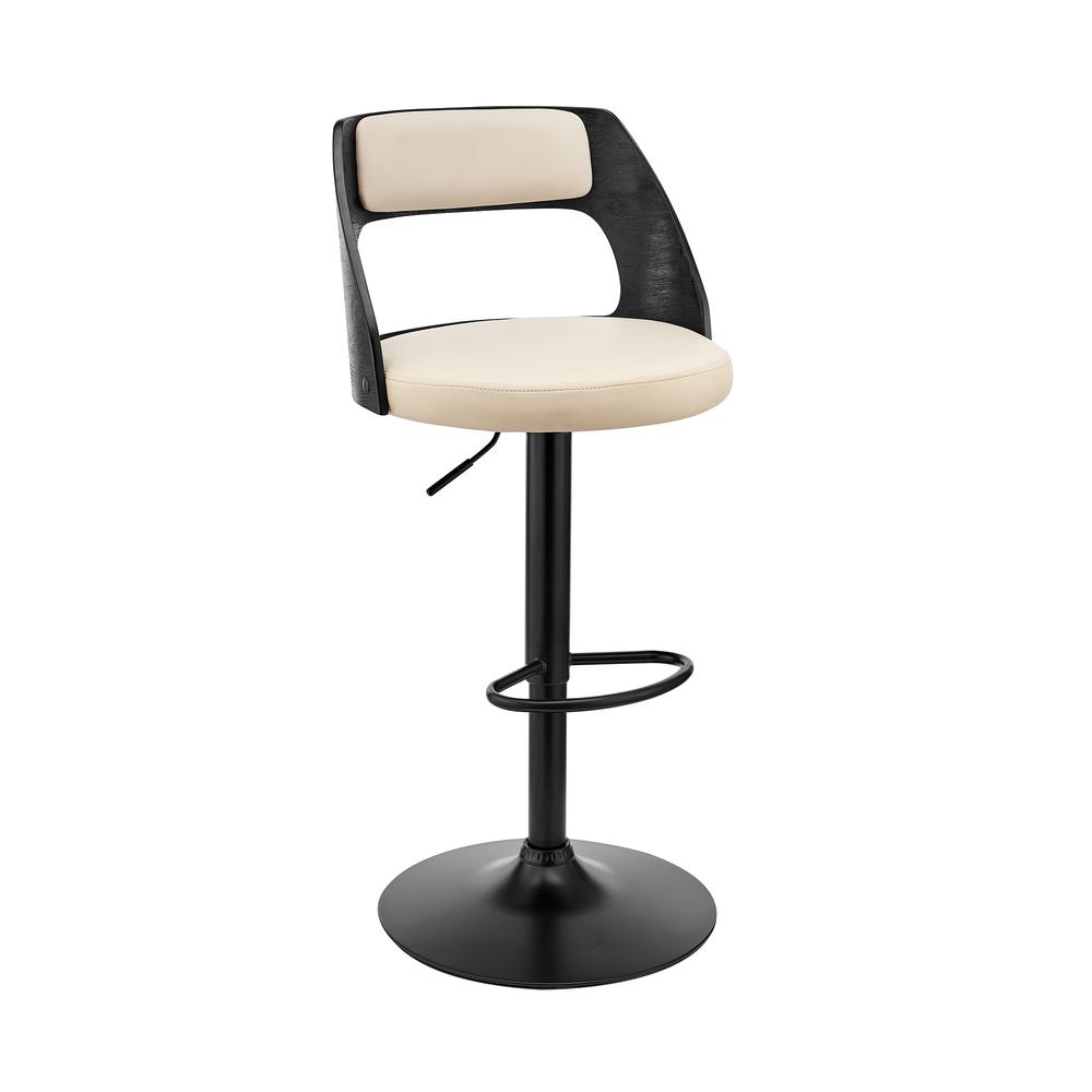 Paulo Adjustable Swivel Cream Faux Leather and Black Wood Bar Stool with Black Base. Picture 1