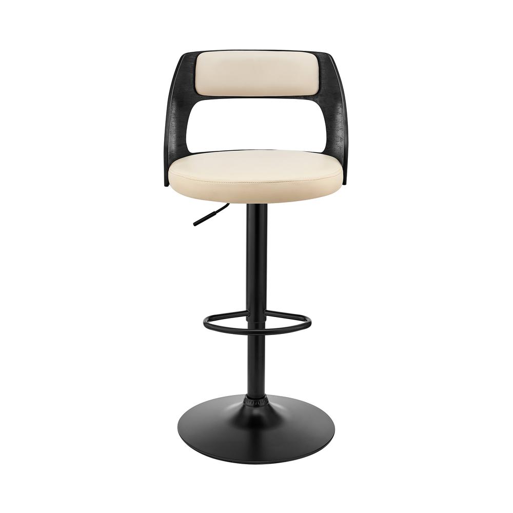 Paulo Adjustable Swivel Cream Faux Leather and Black Wood Bar Stool with Black Base. Picture 2