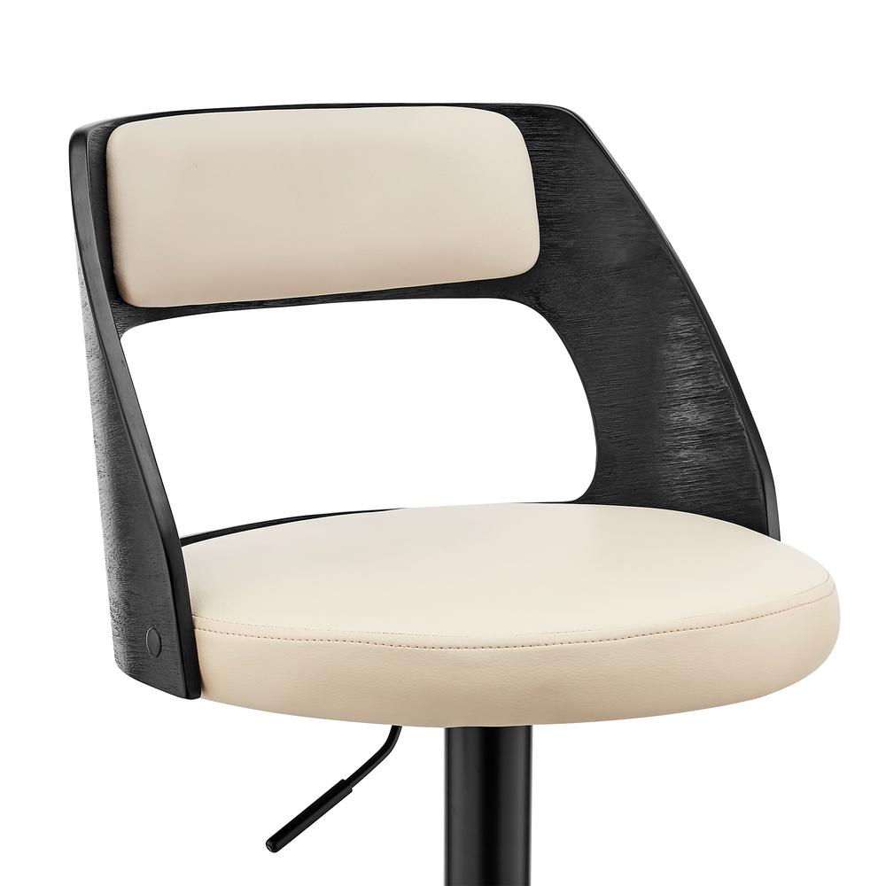 Paulo Adjustable Swivel Cream Faux Leather and Black Wood Bar Stool with Black Base. Picture 6