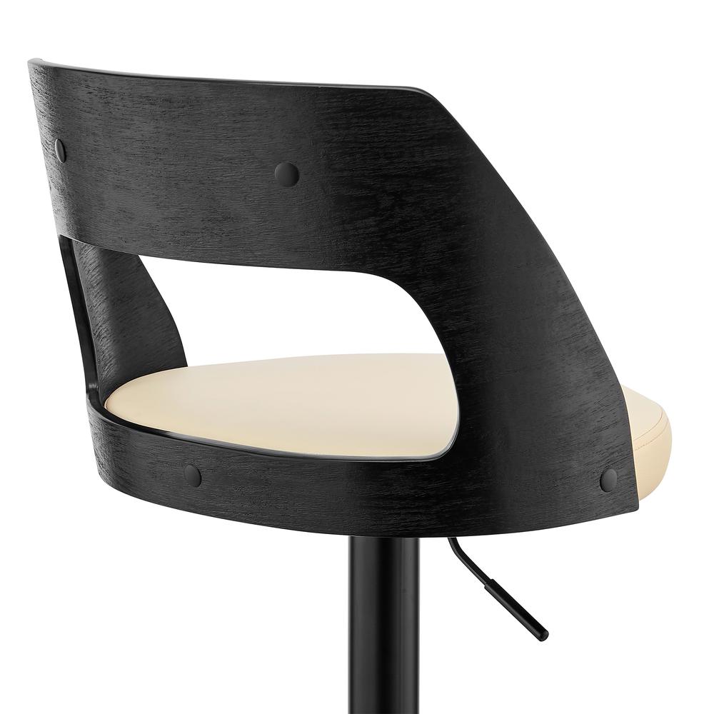 Paulo Adjustable Swivel Cream Faux Leather and Black Wood Bar Stool with Black Base. Picture 7