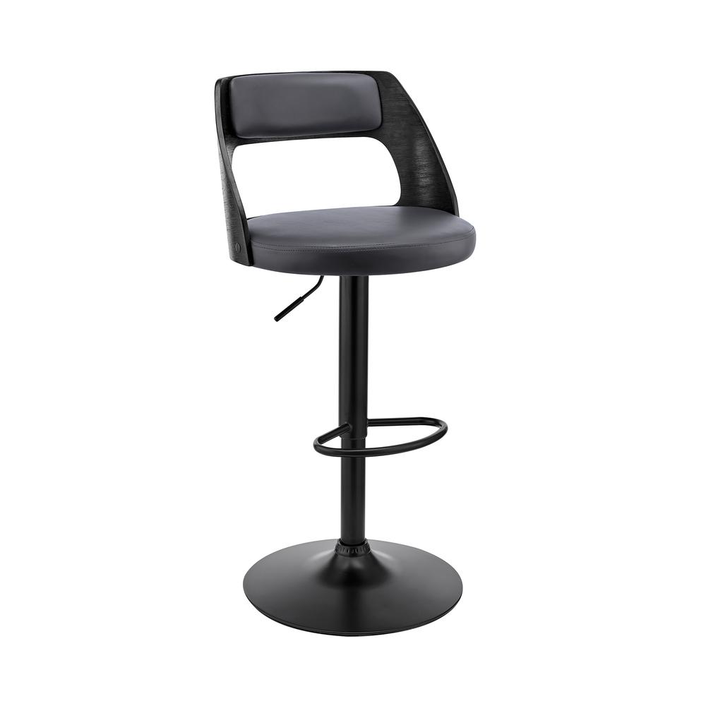 Paulo Adjustable Swivel Grey Faux Leather and Black Wood Bar Stool with Black Base. The main picture.