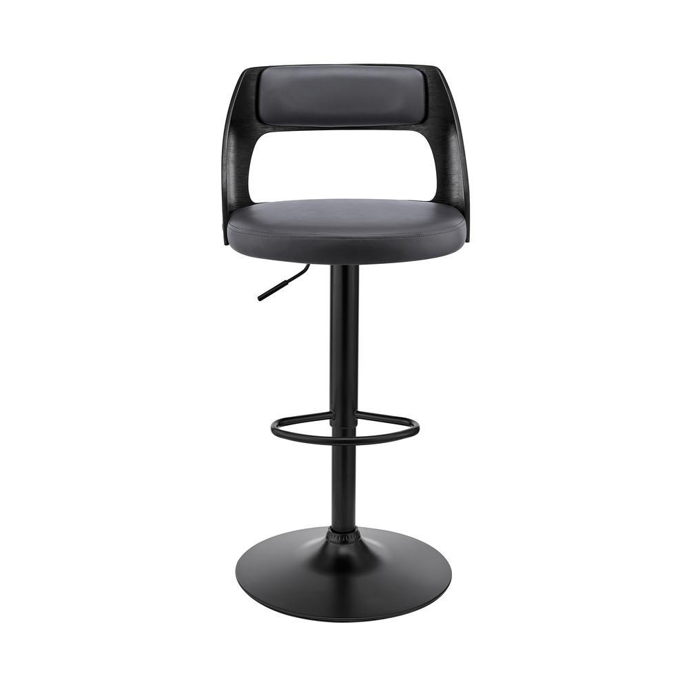 Paulo Adjustable Swivel Grey Faux Leather and Black Wood Bar Stool with Black Base. Picture 2